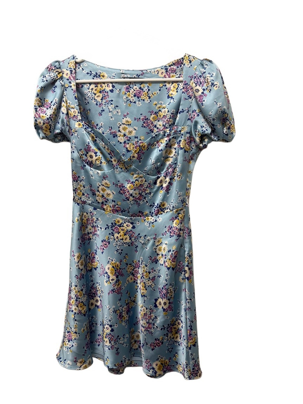 Zara Blue Floral Satin Bustier Mini Dress Puff Sleeves  ‎ Sweetheart Neck Sz M